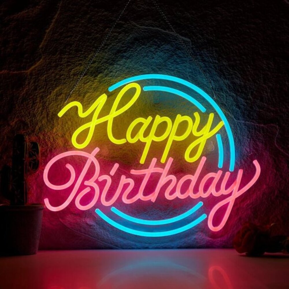 New Happy Birthday Neon Sign, USB Powered Light for Party Wall Decor, 17x12 Inch